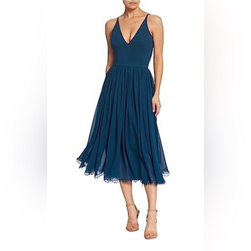Dress the Population Alicia Plunging Mix Media Fit & Flare Midi Dress L